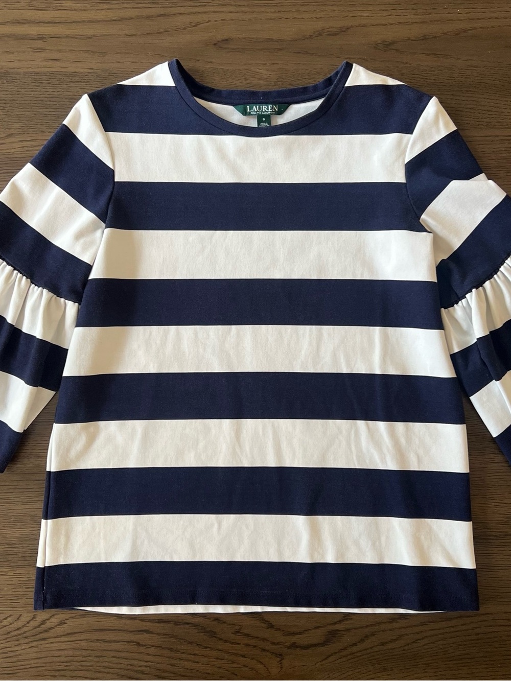 Lauren Ralph Lauren Navy & White Striped Trumpet Sleeve Top Size Small - Picture 5 of 12
